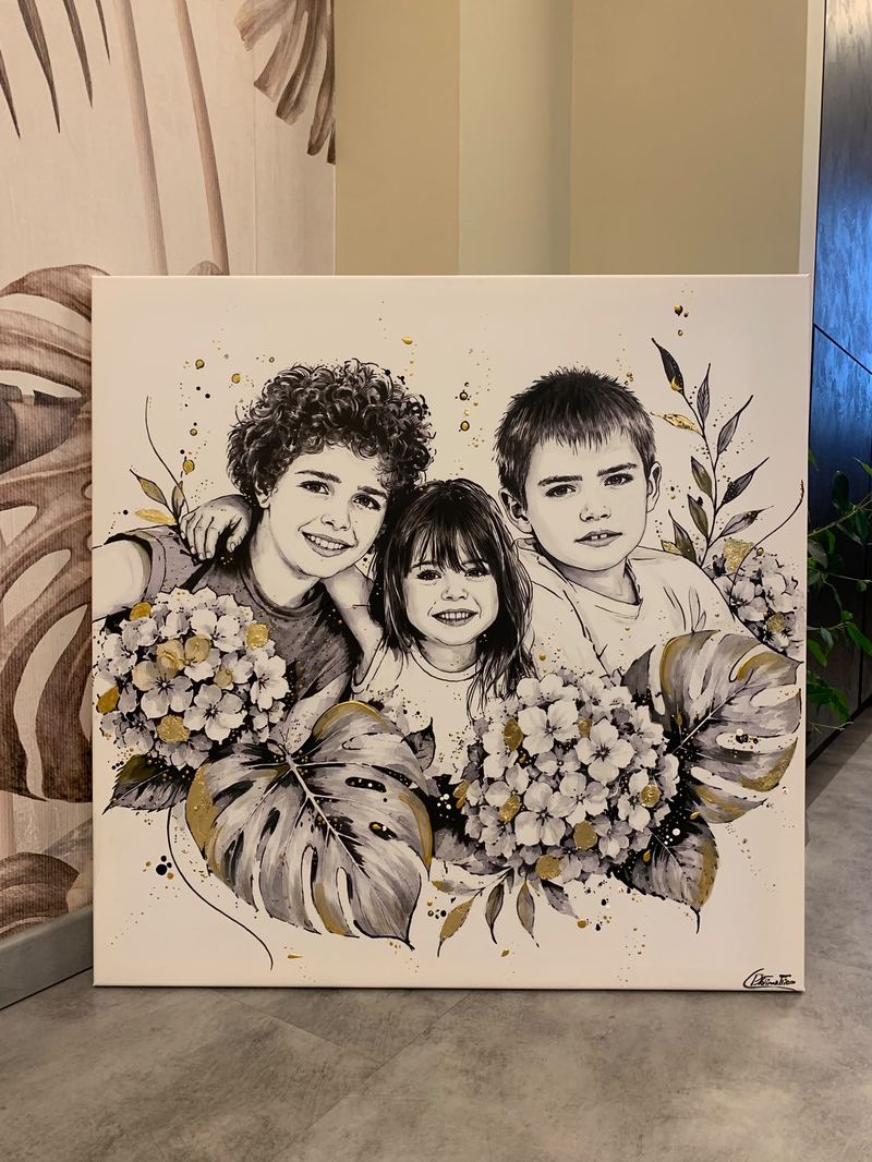 Guarda cosa abbiamo — ritratto di famiglia, acrilico e foglia d'oro